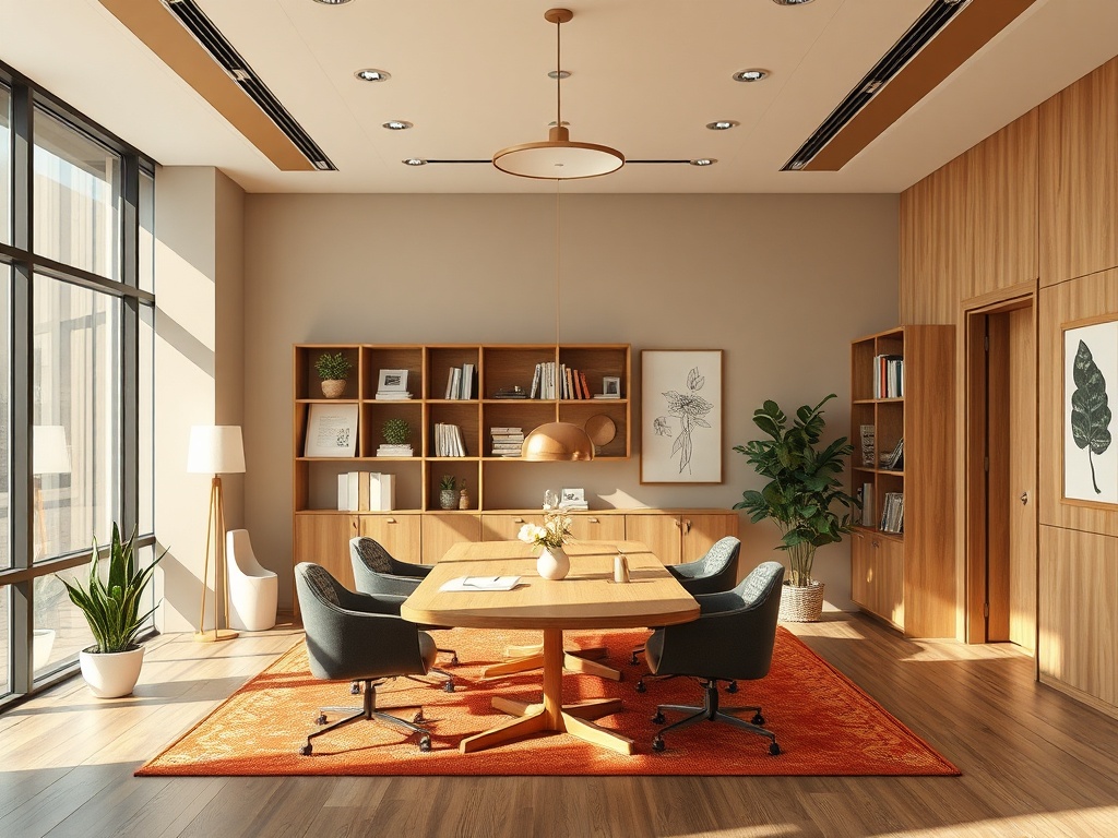 A modern conference room featuring a wooden table, chairs, bookshelves, plants, and ample natural light.
